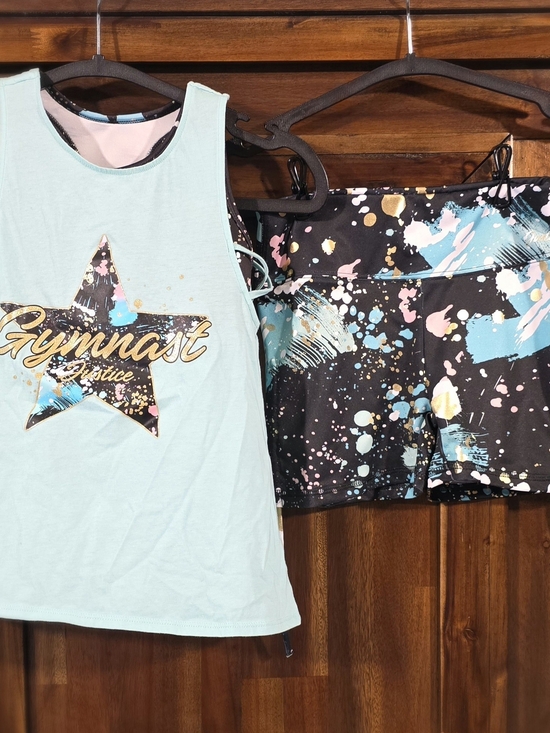 Justice Other - Justice Mint Tank Top and Black Splatter Gymnast Shorts Set